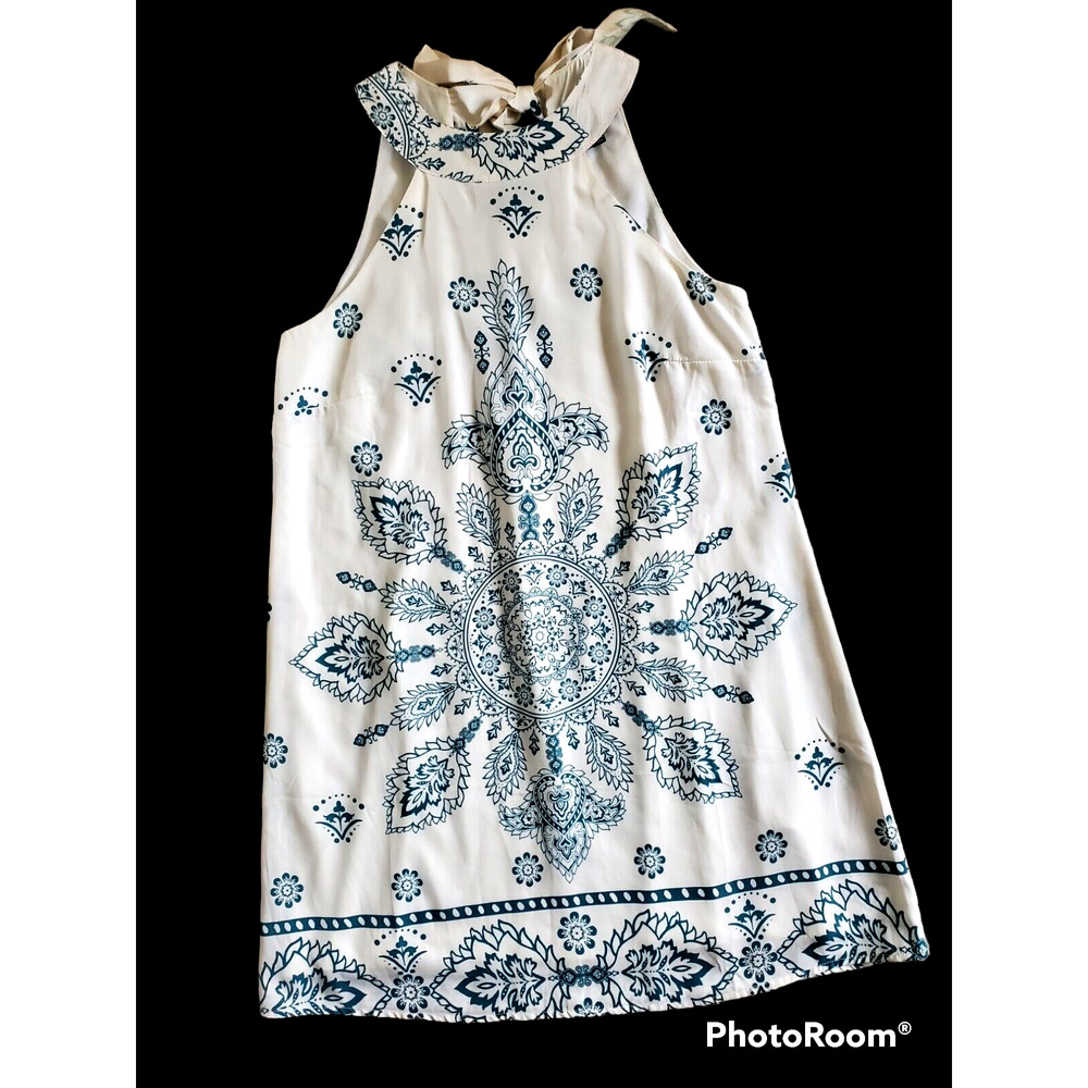 Lulus Cream & Teal Mandala Print High Neck A-Line Sleeveless Dress Sz XS
